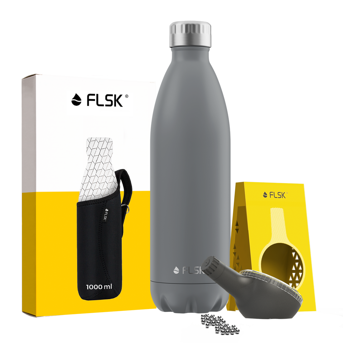 FLSK Premium Bundle aus Trinkflasche 1000 ml stone aus Edelstahl mit Neoprentasche und Reinigungsperlen