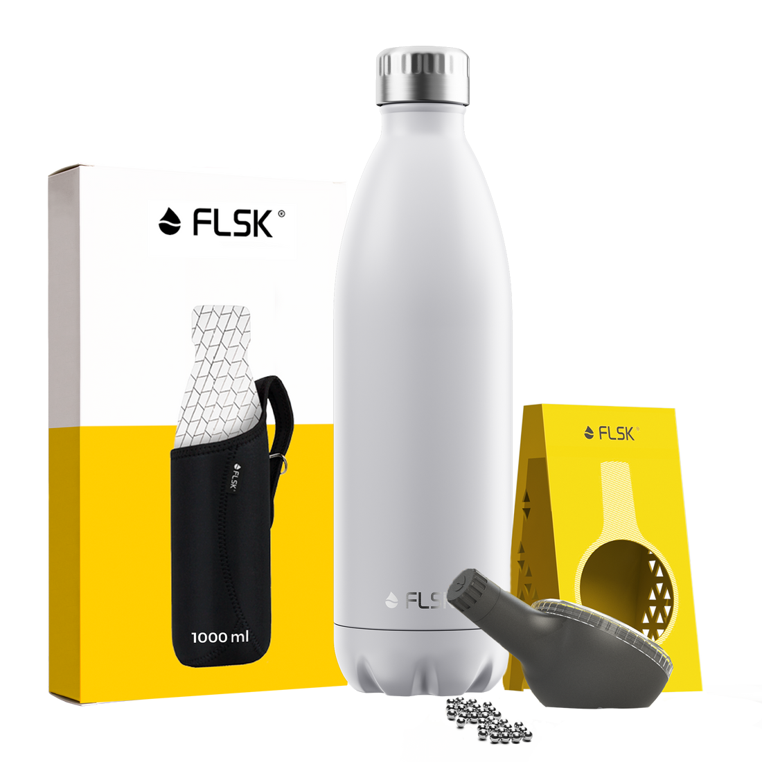 FLSK Premium Bundle mit Trinkflasche 1000 ml white aus Edelstahl und Neoprentasche und Reinigungsperlen