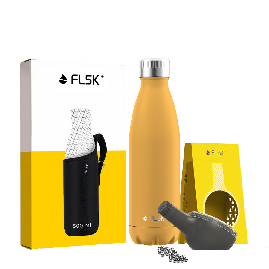 FLSK Premium Bundle Trinkflasche 500 ml aus Edelstahl sunrise mit Neoprentasche und Reinigungsperlen