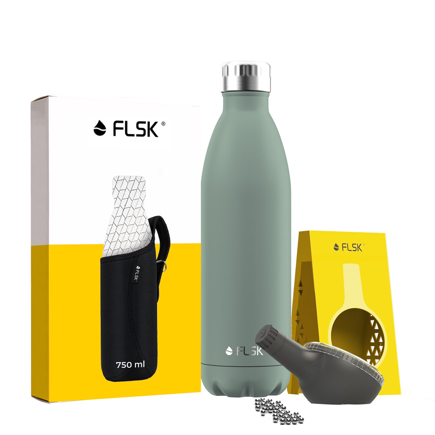 FLSK Premium Bundle Trinkflasche 750 ml aus Edelstahl sage mit Neoprentasche und Reinigungsperlen