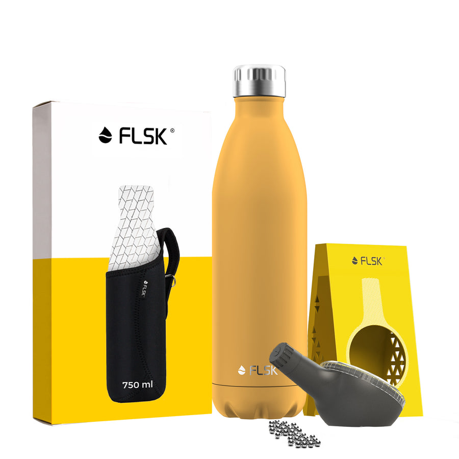 FLSK Premium Bundle Trinkflasche 750 ml aus Edelstahl sunrise mit Neoprentasche und Reinigungsperlen