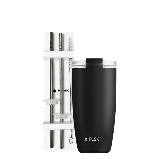 FLSK Kaffeebecher 500 ml black und Strohhalm Bundle